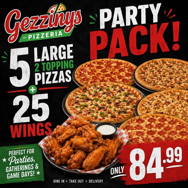 Pizza Party Pack (Get 5 Large Pizzas with 2 Toppings each, 25 piece wings).