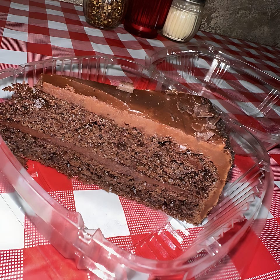 A slice of chocolate cake with chocolate frosting in a plastic container on a red and white checkered tablecloth.