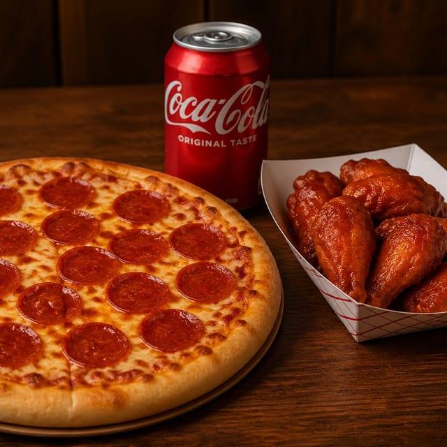 Medium Pizza Meal (1 medium pepperoni pizza, 6 wings, and a soda can).